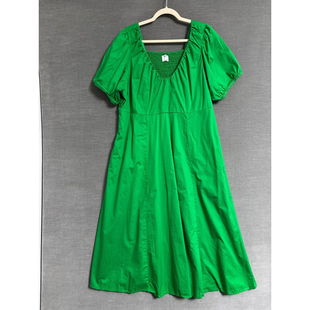 Old Navy Dress XXL Green Cotton Puff Sleeve Pockets Smocked Midi Beach Cruiser